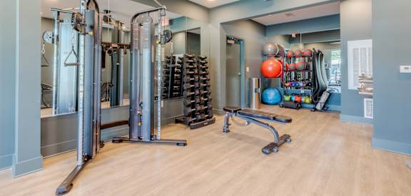 A gym with a variety of equipment including a squat rack, bench, and weights.