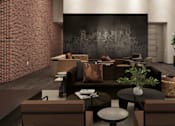 Thumbnail 4 of 6 - A modern living room with a black chalkboard on the wall.