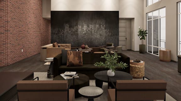 A modern living room with a black chalkboard on the wall.