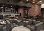 Thumbnail 3 of 6 - A modern living room with grey and brown furniture.