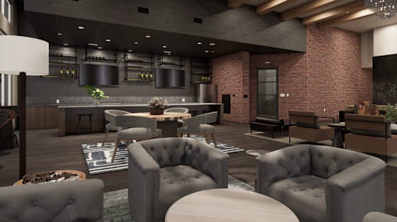 A modern living room with grey and brown furniture.
