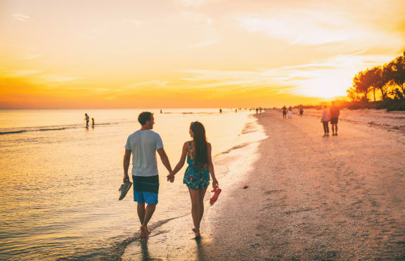 Couple Holding Hands Walking Along the Beach at Sunset