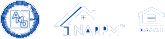 three logos on a blue background