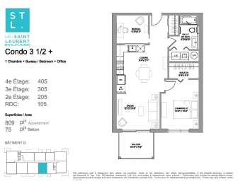 Floor Plan  1 bedroom 1 bathroom apartment floor plan at Le Saint-Laurent Apartments in Brossard, QC