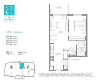Floor Plan  1 bedroom 1 bathroom apartment floor plan at Le Saint-Laurent Apartments in Brossard, QC