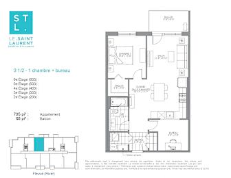 Floor Plan  1 bedroom 1 bathroom apartment floor plan at Le Saint-Laurent Apartments in Brossard, QC