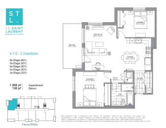 Floor Plan  2 bedroom 1 bathroom apartment floor plan at Le Saint-Laurent Apartments in Brossard, QC