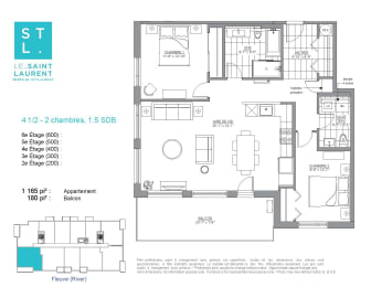 Floor Plan  2 bedroom 2 bathroom apartment floor plan at Le Saint-Laurent Apartments in Brossard, QC