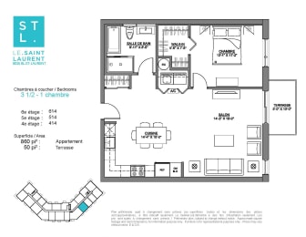 Floor Plan  1 bedroom 1 bathroom apartment floor plan at Le Saint-Laurent Apartments
