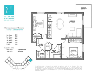 Floor Plan  2 bedroom 1 bathroom apartment floor plan at Le Saint-Laurent Apartments