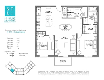Floor Plan  2 bedroom 1 bathroom apartment floor plan at Le Saint-Laurent Apartments