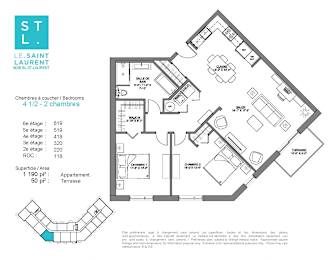 Floor Plan  2 bedroom 1 bathroom apartment floor plan at Le Saint-Laurent Apartments