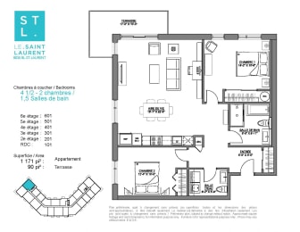 Floor Plan  2 bedroom 2 bathroom apartment floor plan at Le Saint-Laurent Apartments in Brossard, QC