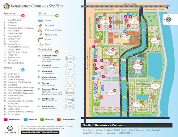 A map of the Renaissance Commons Site Plan showing the layout of restaurants, services, and communities.