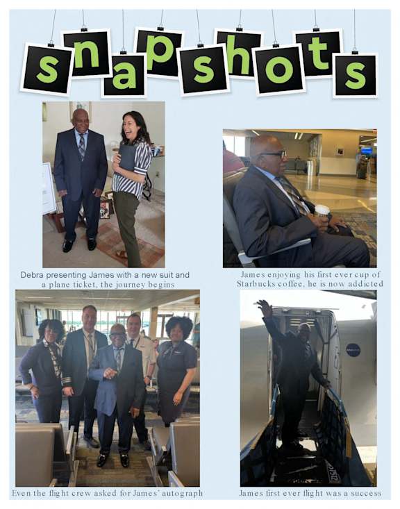 a collage of photos of people standing in a room and a newspaper