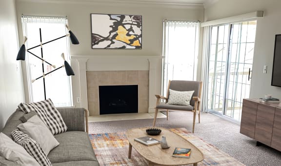 a living room with a gray couch and a yellow and blue rug