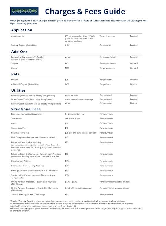A document titled Charges & Fees Guide with various sections and details.