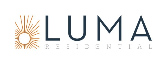 The image is a logo for Luma Residential, featuring a sun-like symbol and the company name.