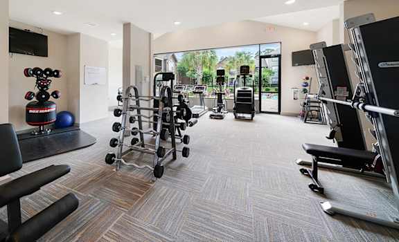 A gym with a variety of equipment including weights and cardio machines.