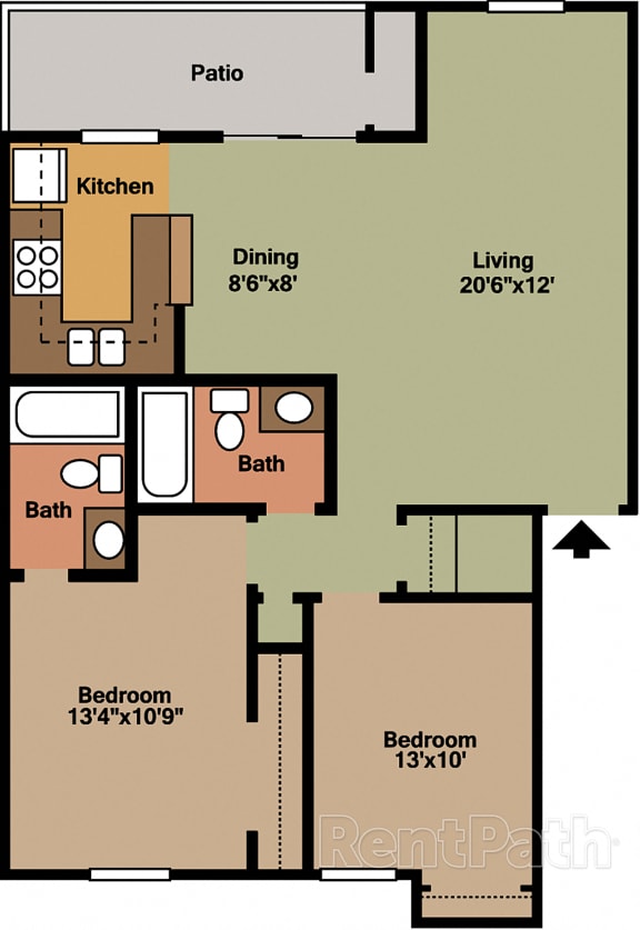 2 Bedroom Garden Floor Plan at Lake Marina Apartments, Indianapolis, Indiana