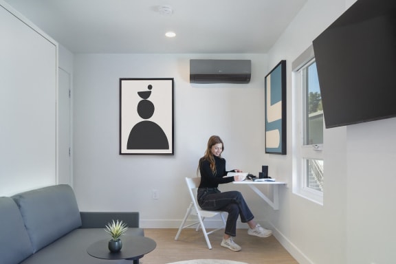 a woman sitting at a desk in a living room with a laptop