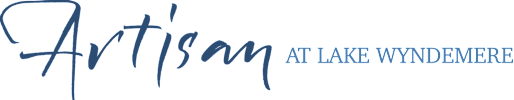 A white text that reads "Artisan at Lake Wyndemere" on a green background.
