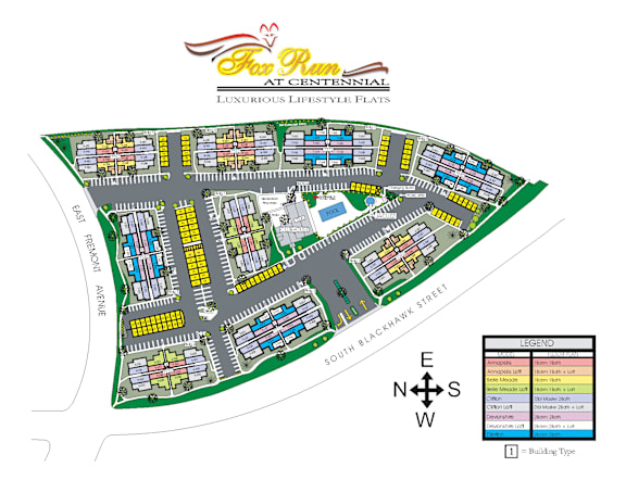A map of a residential area with a legend explaining the symbols used.