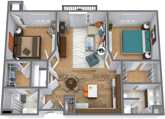 A 3D floor plan of a house with a living room, kitchen, dining room, and bedrooms.