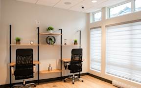 A room with two chairs, a desk, and shelves with plants.