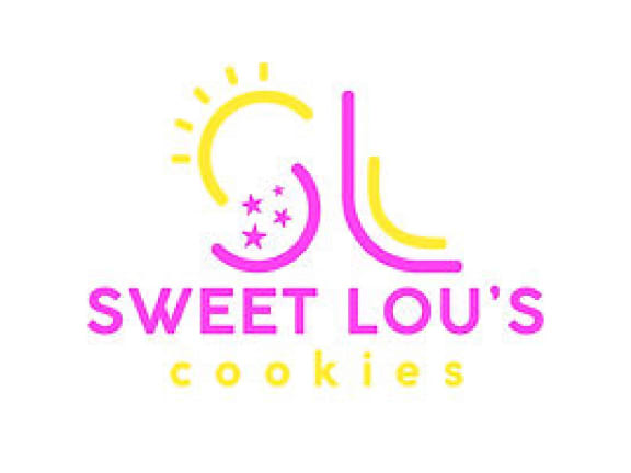 the logo for sweet lous cookies with a yellow sun and pink