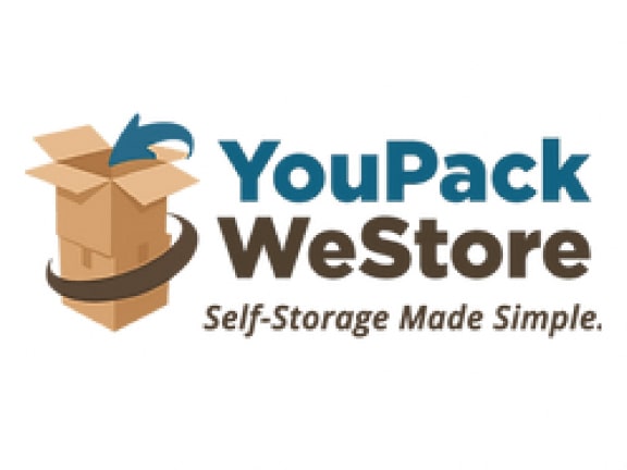 a logo for your pack west store with a box and a blue