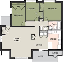 Floor Plan Three-Bedroom Garden Apartment