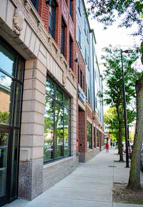 A sidewalk runs between two buildings with a tree on the right.