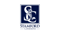 a blue and white logo with the words stamford common with a flower in the middle