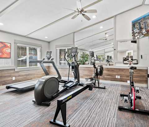 A home gym with a treadmill, elliptical trainer, and stationary bike.