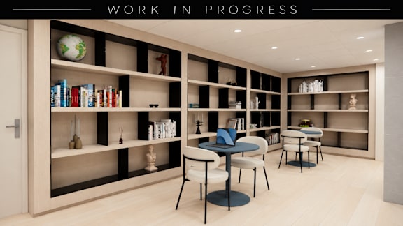 A modern office space with a globe on the shelf and a table with chairs.
