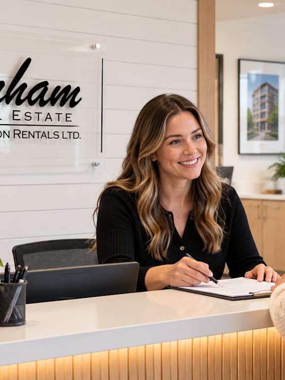 A woman is sitting at a reception desk for Gorham Real Estate.