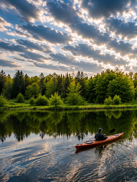 A person is kayaking on a calm lake with trees in the background.