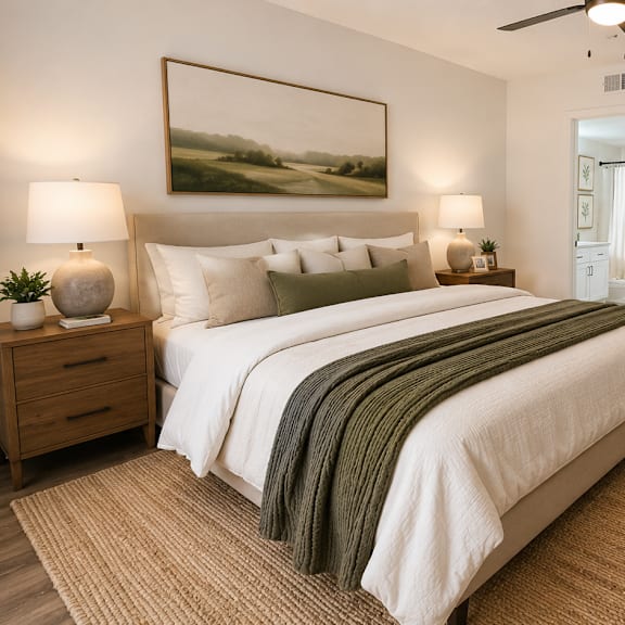 A bedroom with a large bed and a wooden side table.