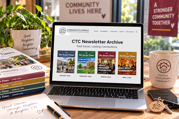 A laptop displays the CTC Newsletter Archive on its screen.