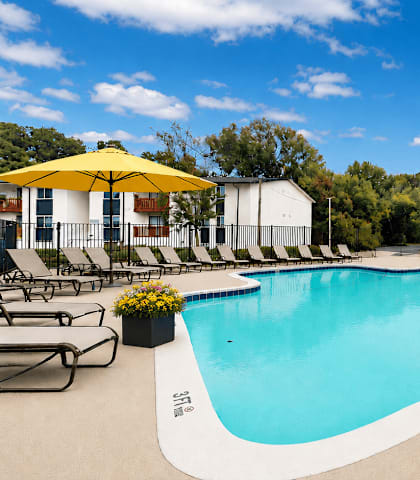 A large outdoor swimming pool surrounded by lounge chairs and umbrellas.