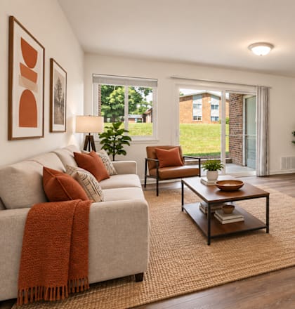 A living room with a white couch, a coffee table, and a television.