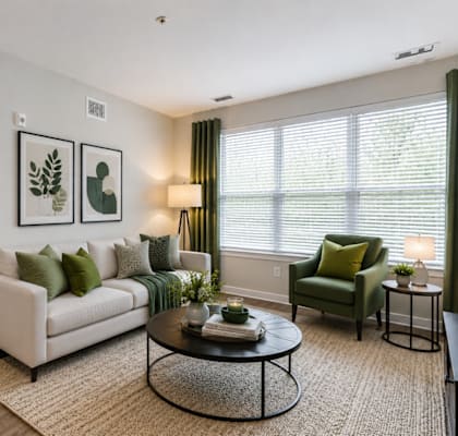 A living room with a white couch, a green chair, and a coffee table.