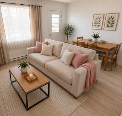 A living room with a white couch, a wooden coffee table, and a television.