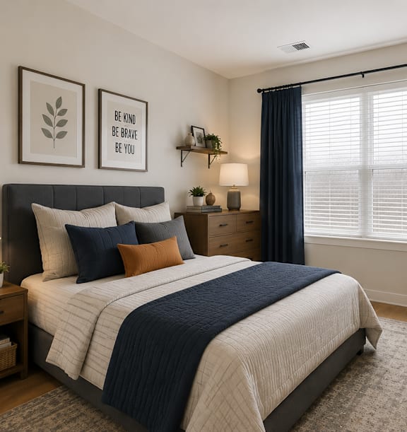 A bedroom with a bed, desk, and chair.