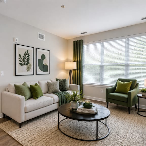 A living room with a white couch, a green chair, and a coffee table.