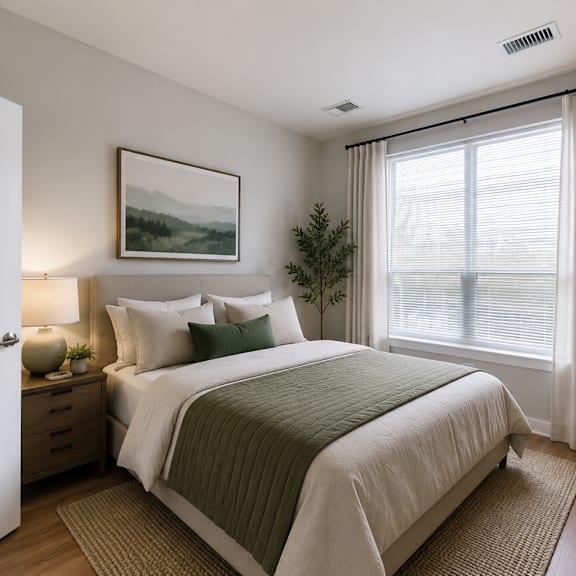 A bedroom with a large bed, a mirror, and a potted plant.