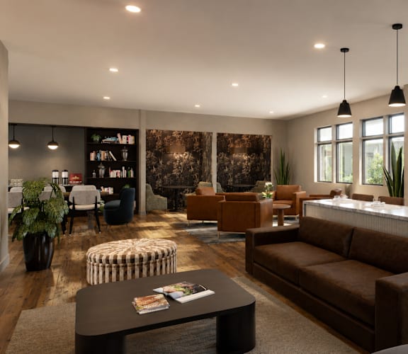A modern living room with a dark brown sofa and a coffee table.