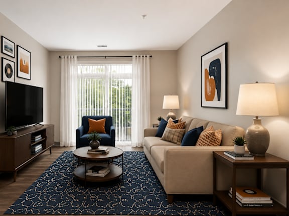 A living room with a couch, a coffee table, and a television.