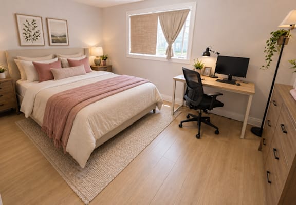 A bedroom with a bed, desk, and chair.